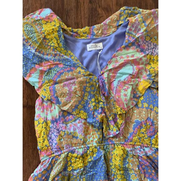 Emily Wonder NWT Multicolor Floral Cap Sleeve V-Neck Mini Dress, size L - Picture 2 of 4